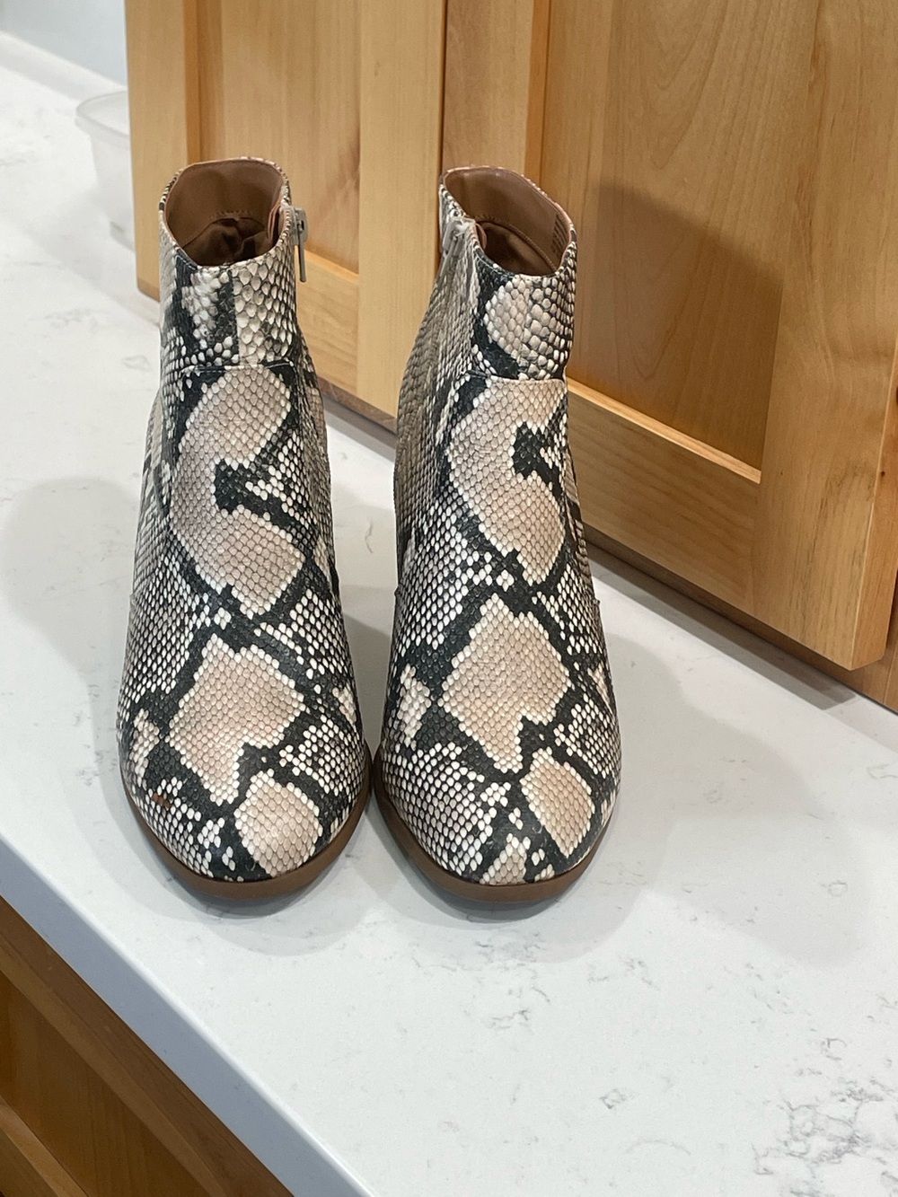 Snake-Print Women’s Ankle Boots in Black and Cream